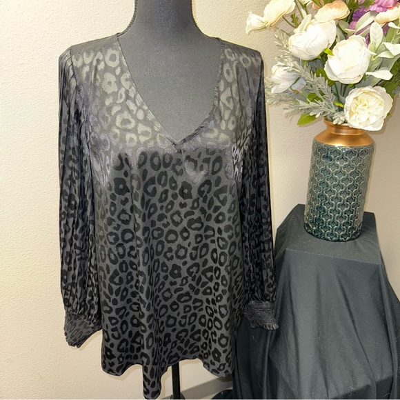 JODIFL Tops - JODIFL Sheer Leopard Print Blouse V-Neck Long Sleeve Flowy Boho Top